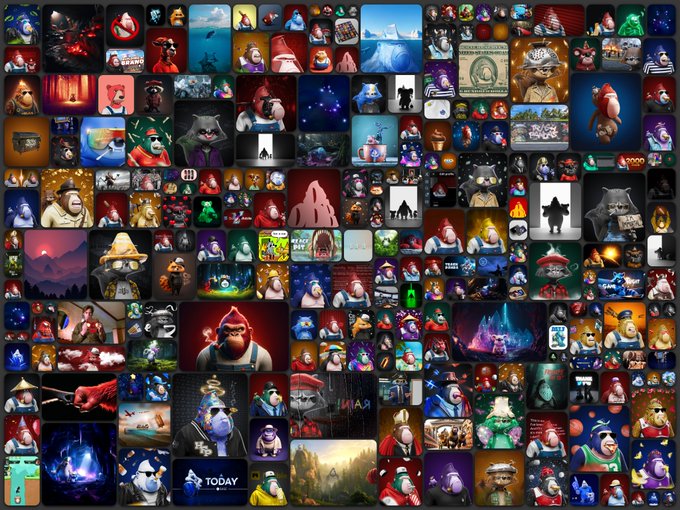 A collage grid shows numerous NFT images of various cartoon characters, gnomes, and fantasy creatures.