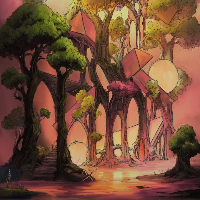 A fantasy illustration depicting a surreal landscape with tall trees, glowing spheres, and architectural structures bathed in warm pink and orange light at sunset.