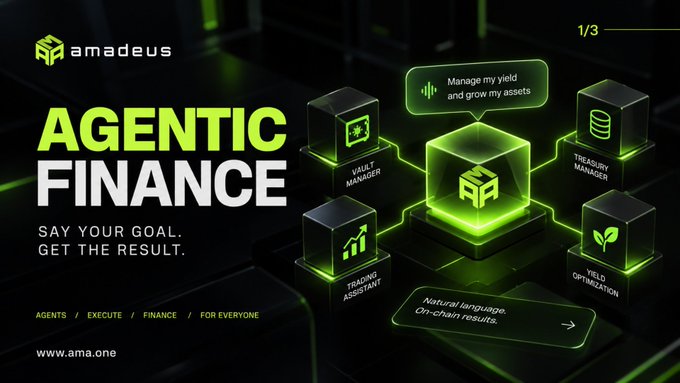 An advertisement for 'Agentic Finance' by Amadeus featuring the tagline 'Say your goal. Get the result.' with modules labeled 'Vault Manager,' 'Trading Assistant,' 'Treasury Manager,' and 'Yield Optimization,' and the URL www.ama.one.