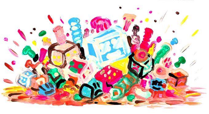 An abstract, colorful watercolor or digital painting depicts a chaotic explosion of toys, blocks, and various objects rendered in bright pinks, greens, yellows, and blues.