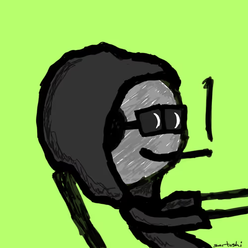 A crude, hand-drawn sketch of a smiling face wearing sunglasses and a hood against a bright green background, with an arrow pointing upward.