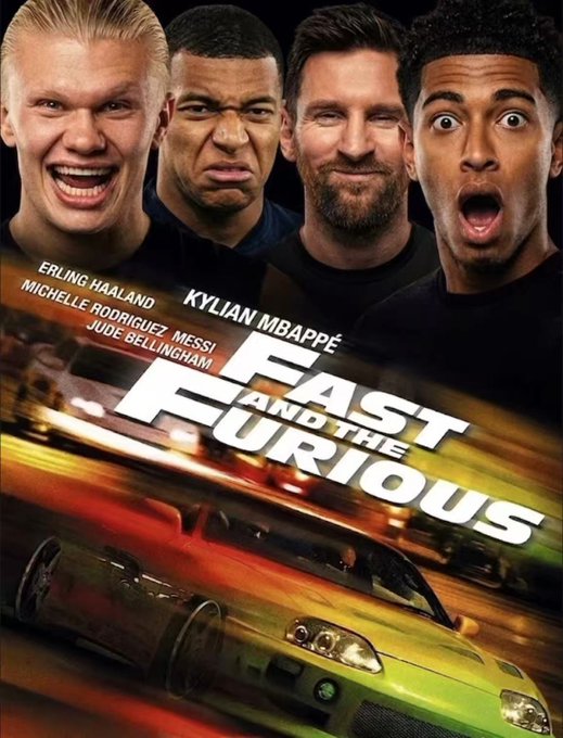 The image is a meme poster parodying "Fast and the Furious," featuring four famous soccer/football players—Erling Haaland, Kylian Mbappé, Lionel Messi, and Jude Bellingham—with their heads photoshopped onto characters above speeding cars. It ties into the "Friday movie" post by humorously suggesting a Fast & Furious spin-off starring these star athletes as the street-racing crew.