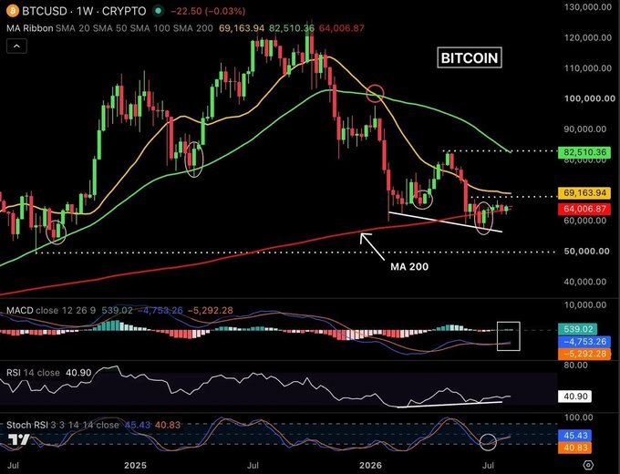 A BTCUSD weekly TradingView chart shows Bitcoin's price action around $64,006.87 with moving averages (SMA 20/50/100/200), MACD, RSI, and Stochastic RSI indicators below the main price graph.