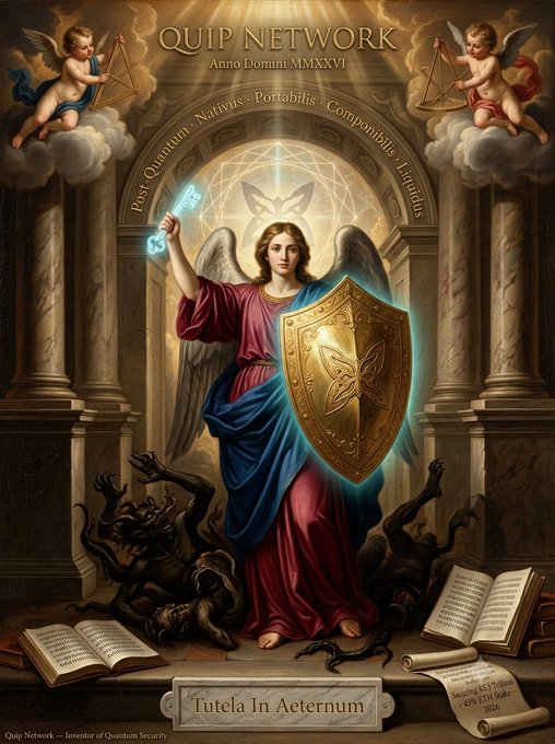 An elaborate AI-generated baroque-style religious illustration titled 'QUIP NETWORK - Inventor of Quantum Security' featuring an angel with a shield and USB drive defeating demons, dated 'Anno Domini MMXXVI'.