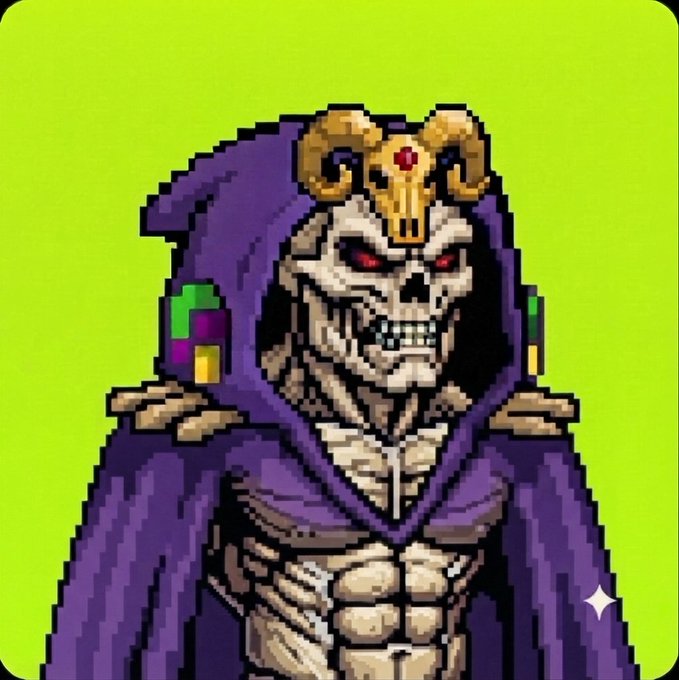 Pixel art style illustration of a skeletal figure resembling Skeletor, wearing a purple hooded robe and a golden ram-skull headpiece, set against a green background.
