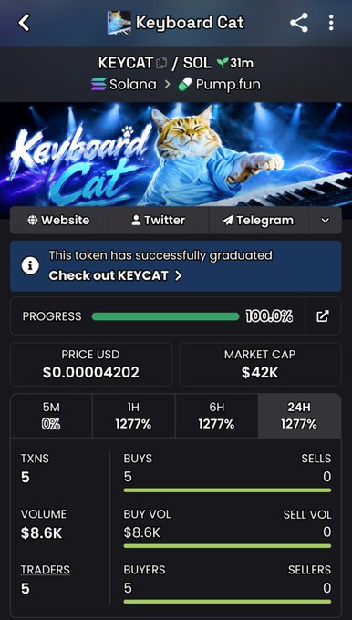 A crypto token page for Keyboard Cat (KEYCAT) on Solana via Pump.fun, showing 100% progress, price USD $0.00004202, market cap $42K, and a 1277% 24H gain with only buys.