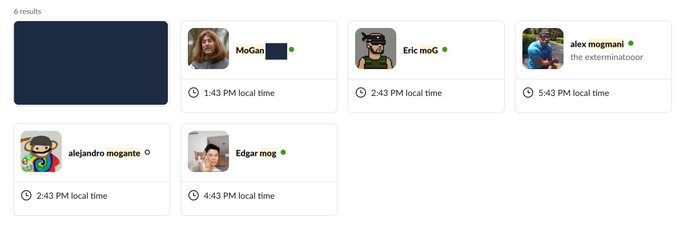 A screenshot showing 6 results with usernames including MoGan, Eric moG, alex mogani (the exterminatooor), alejandro mogante, and Edgar moG, each with timestamps ranging from 1:43 PM to 5:43 PM local time, illustrating the "mogging" meme where users compete with "mog" in their names.