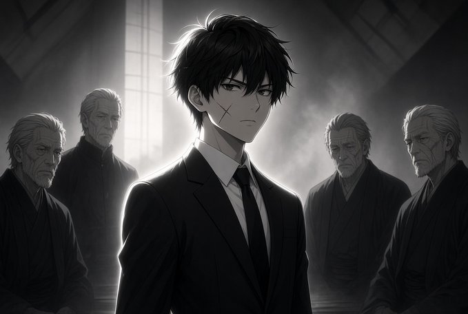 A black-and-white anime-style illustration of a young man in a suit and tie standing in front of four older men dressed in traditional Japanese attire.