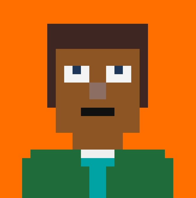 A pixel art portrait of a character with dark skin, wearing a green jacket and teal shirt against an orange background, likely serving as a profile picture or avatar for the NFT collection referenced in the post.