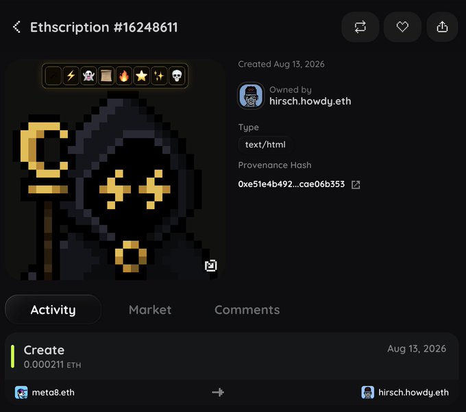 An Ethscription #16248611 listing showing a pixel-art grim reaper NFT owned by hirsch.howdy.eth, created Aug 13, 2026, with provenance hash and 0.000211 ETH value.