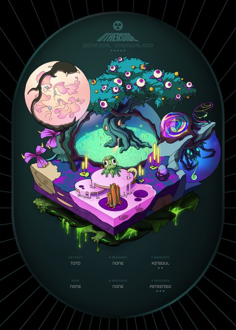 A vibrant, otherworldly NFT artwork titled "OTHERSOIL" featuring a surreal scene with a large tree bearing eyeball-like fruits, a pink planet, candles, and a green creature in a mystical purple landscape, with text indicating "Botanical Chemical 500" and attributes "Artifact Toto," "H Resource none," "G Resource Kiosoul," "Koda none," and "G Resource Petripied." The whimsical, cosmic imagery corresponds to the rare "Toto" artifact from the sold Othersdeed plot #13605.
