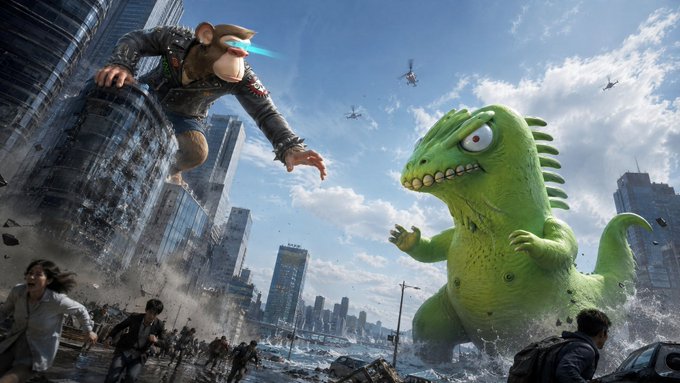 A monkey-like character with a blue laser beam shooting from its face faces off against a giant green reptilian monster amid a flooded, crumbling cityscape with military helicopters overhead, evoking a chaotic "King Kong vs Godzilla" style showdown. No readable text or branding appears in the scene itself.