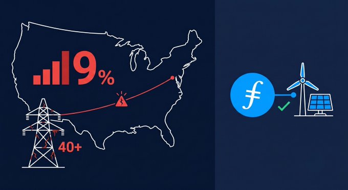 The image features a graphic design or illustration with two distinct sections, one depicting a country map with a line indicating 9% electricity generation from wind farms, and another section that includes a blue energy meter. The image is divided into an upper half, focusing on the USA; while the lower half illustrates how much of US power could potentially be generated by wind farms, including an estimated 40 years old transmission infrastructure, as well as information about Filecoin providers using the renewable energy source.