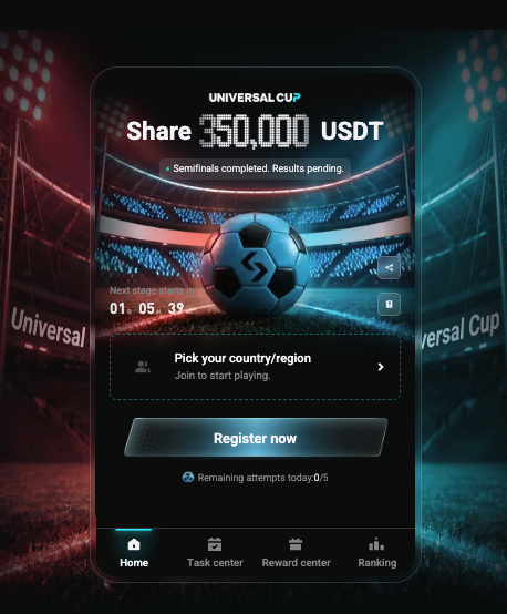 A mobile app interface for the "Universal Cup" prediction event displays a prize pool of "350,000 USDT" with a note that "Semifinals completed. Results pending," and a countdown timer showing "Next stage start 01:05:39," directly reflecting the post's call to action to predict the champion team before winners are finalized. The screen features a "Pick your country/region" prompt and a "Register now" button, aligning with the post's urgency to participate in the event where the first 1,000 predictors are eligible.
