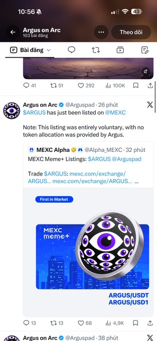 A mobile screenshot of an X (formerly Twitter) post from 'Argus on Arc' (@Arguspad) stating '$ARGUS has just been listed on @MEXC', along with details for 'MEXC meme+ Listings'.