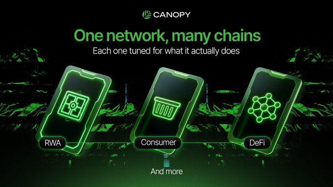 The image is a promotional graphic for Canopy (CNPY Network) featuring the tagline "One network, many chains" with the subtitle "Each one tuned for what it actually does," showcasing three stylized smartphone icons labeled "RWA," "Consumer," and "DeFi" (with "And more" noted below), all rendered in a glowing green neon aesthetic against a dark background.

The visual reinforces the post's message by illustrating Canopy's modular multi-chain approach, where each specialized chain (Real World Assets, Consumer apps, and DeFi) operates as part of a unified network infrastructure that enables interoperability without added complexity.