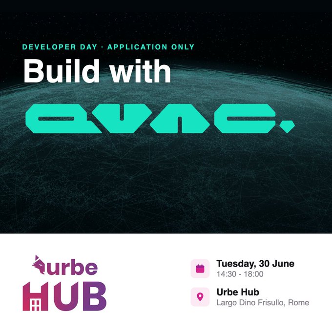 The image features a poster for a developer day event called "Build With QVAC." The poster has a blue background with white text that reads "Developer Day Application Only" and "Build with QVAC." Below this, there are two descriptions of what will happen at the event. One description says it starts with a technical workshop, while the other one mentions a hands-on session for the attendees to meet the best engineers in Italy. The poster also includes an app icon that is located below the text "Developer Day Application Only" and "Build with QVAC."