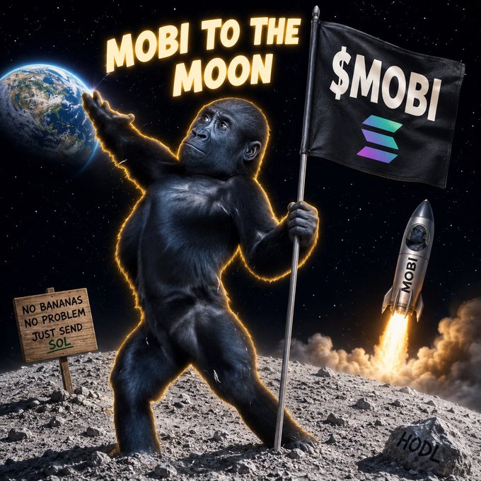 A meme image showing a gorilla on the moon holding a flag that says "$MOBI" with the Solana logo, accompanied by the text "MOBI TO THE MOON," a rocket labeled "MOBI," and a sign reading "NO BANANAS NO PROBLEM JUST SEND SOL."