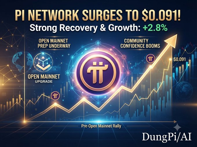 The image is a promotional graphic announcing that Pi Network has surged to $0.091 with a +2.8% gain, highlighting the "Pre-Open Mainnet Rally" alongside text noting that the "Open Mainnet Prep" is underway and "Community Confidence Booms." It visually reinforces the post's message of Pi's strong recovery and growing optimism ahead of the mainnet upgrade, featuring the Pi logo, upward trend arrows, and market chart graphics against a futuristic blue background, branded by "DungPi/AI."