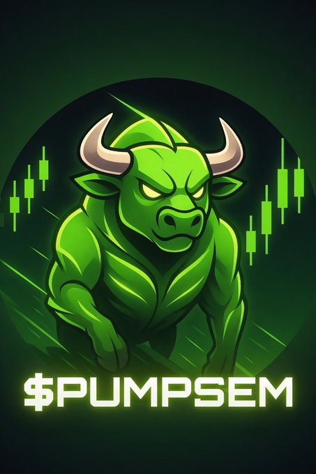 A fierce green bull mascot illustration featuring the ticker "$PUMPSEM" at the bottom, surrounded by glowing candlestick charts in the background, visually representing the "PumpFun Bull" cryptocurrency project being promoted in the accompanying airdrop announcement post.