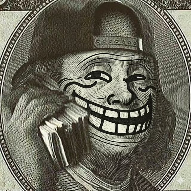 The image shows a black-and-white engraving-style illustration of a figure wearing a tall, rounded hat and an exaggerated, toothy grin, holding a quill pen, presented within an ornate circular frame. The grinning face and pen symbolize the confident, mocking enthusiasm of someone ready to profit as the $TROLL token rises past 100M market cap.