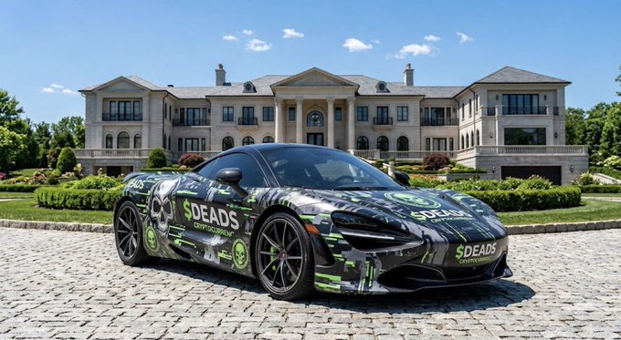 A McLaren supercar with a custom green and black 'SDEADS' livery is parked on a cobblestone driveway in front of a large mansion.