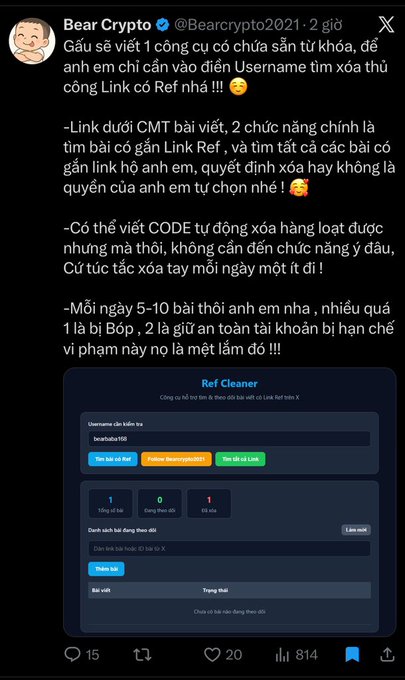 A Vietnamese-language social media post by 'Bear Crypto' advertising a tool called 'Ref Cleaner' for finding and deleting X (Twitter) posts containing referral links.