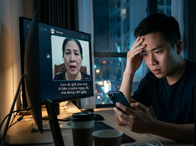An AI-generated scene of a worried young man looking at his phone while a video call with an older woman displays a Vietnamese message about urgent crypto money transfers.