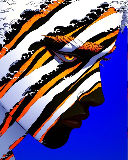 A stylized digital illustration of a face in profile with a single glowing orange eye, featuring bold black, white, and orange tiger-like stripes against a vibrant blue background.