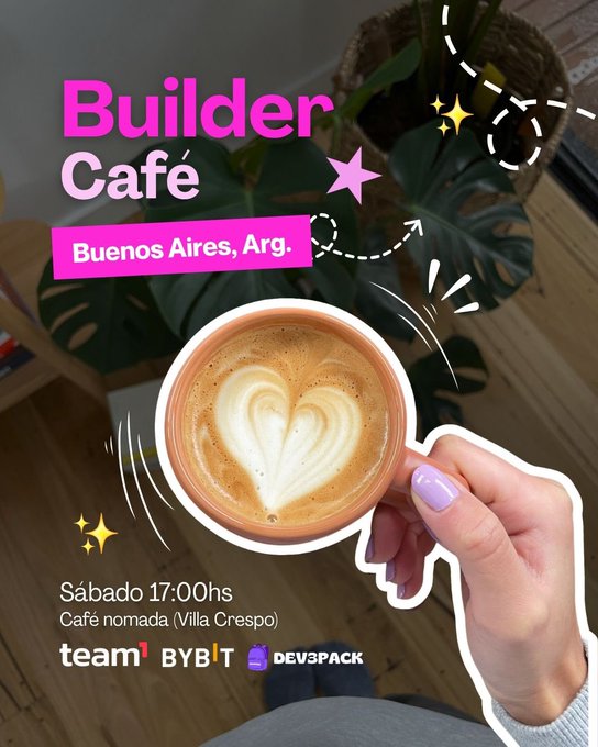 The image features a hand holding a cup of coffee, which has a heart shape drawn on top of it. The background of the image shows a poster for a café called Builder Cafe Girls, located in Buenos Aires, Argentina. The poster includes text that reads "Builder Cafe Buenos Aires, Arg. Buenos Aires. Arg." and mentions a special event happening at the café on Saturday, June 6th.