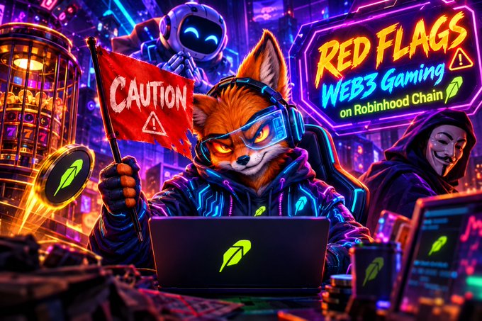 A vibrant neon-style digital illustration featuring an anthropomorphic fox with a VR headset holding a "CAUTION" flag, sitting at a laptop, with text reading "RED FLAGS WEB3 Gaming on Robinhood Chain" alongside an astronaut, a hooded figure in a Guy Fawkes mask, and crypto coin icons.