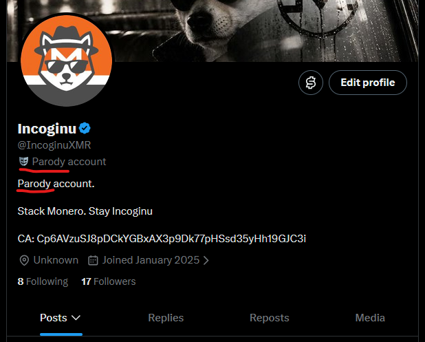 A social media profile page for 'Incognu' (@IncognuXMR), marked as a parody, with the tagline 'Stack Monero. Stay Incognu' and a contract address visible.