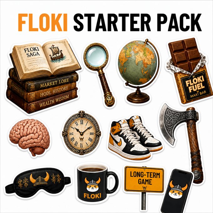 A "FLOKI STARTER PACK" graphic featuring illustrated items like a "Floki Saga" book stack, magnifying glass, globe, "FLOKI FUEL" chocolate bar, brain, clock, Nike sneakers, Viking axe, sleep mask, coffee mug, "LONG-TERM GAME" sign, and phone, all branded with Floki imagery.