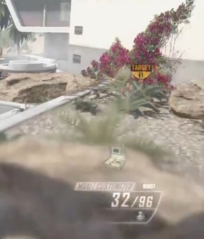 A first-person shooter game scene showing a target marker labeled 'TARGET B' among pink flowers, with a weapon displayed reading 'M5A1 CUSTOMIZED BURST 32/96'.
