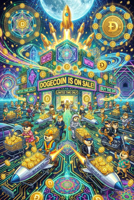 The image features a colorful poster with various elements related to Bitcoin and cryptocurrency. It includes a large rocket ship flying over a cityscape filled with people and buildings, as well as other characters such as dogs and cars. The poster also contains text that reads "DOGE Is On Sale! Much Discount, Very Best". This suggests that the poster is promoting a sale of Bitcoin or related digital currency, possibly targeting a younger audience who are interested in technology and online transactions.

The use of vibrant colors and playful characters makes the poster visually appealing and engaging for viewers. The inclusion of elements like the rocket ship and cityscape adds an element of excitement and adventure to the overall design, which can be particularly attractive to those who enjoy futuristic or space-themed content.