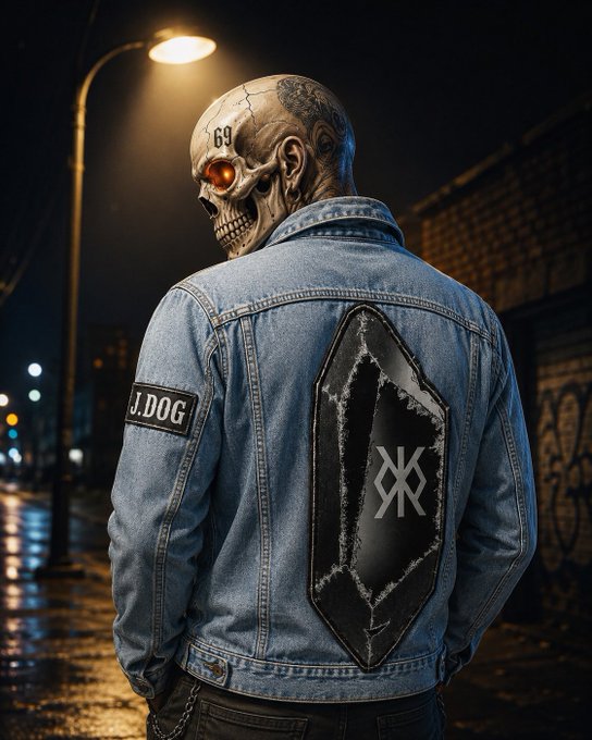 A skull-faced figure wearing a denim jacket stands under a streetlamp, with "69" tattooed on the bald head, "J.DOG" patch on the sleeve, and a black coffin-shaped patch bearing the Runestone XX symbol on the back—visually tying the image to the "Day 53 of posting Runestone until the second airdrop" caption.