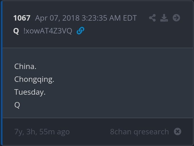 A dark-themed post from 8chan qresearch dated April 7, 2018, containing only the text: 'China. Chongqing. Tuesday. Q'.