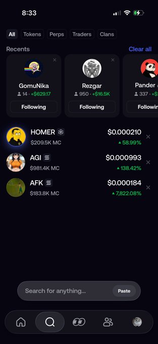 A screenshot of a crypto trading app showing recent token activity including 'HOMER' (+58.99%), 'AGI' (+138.42%), and 'AFK' (+7,822.08%) with a meme coin featuring Homer Simpson.