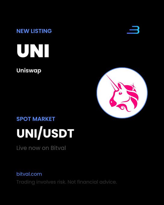A black promotional graphic announces "NEW LISTING" for UNI (Uniswap), now available for spot trading as the UNI/USDT pair on Bitval, featuring the iconic pink unicorn logo and the Bitval branding.