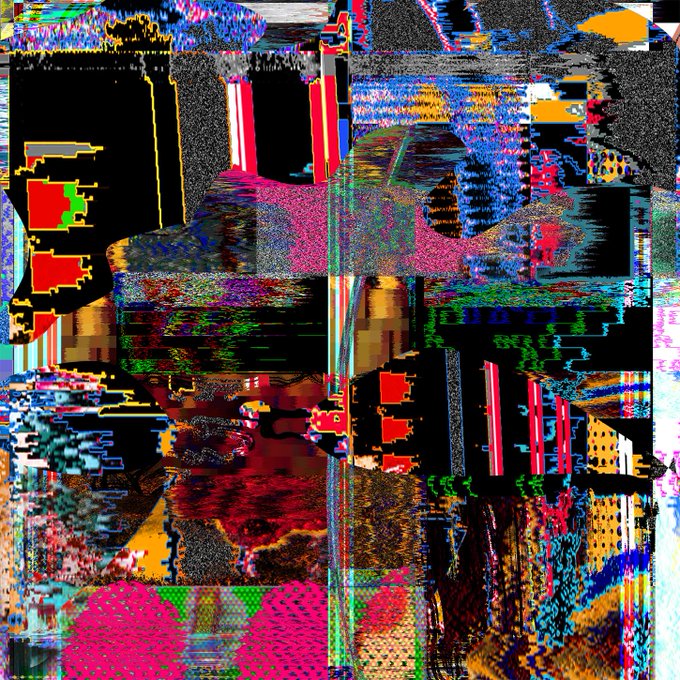 An abstract, glitch-art style composition filled with chaotic blocks of pixelated colors including red, blue, yellow, green, and black, evoking digital corruption or data fragmentation.
