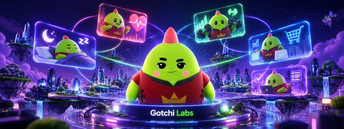 A colorful cartoon-style graphic for 'Gotchi Labs' featuring a green pear-like character on a glowing platform surrounded by floating screens showing various app functions.