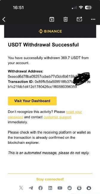 A Binance email confirmation showing a successful USDT withdrawal of 369.7 USDT, with the withdrawal address and transaction ID partially visible (address redacted in black).