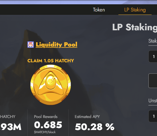 Screenshot of an LP Staking interface showing a "Liquidity Pool" with a HATCHY token logo, "CLAIM 1.05 HATCHY," Pool Rewards of 0.685 $HATCHY/block, and an Estimated APY of 50.28%.