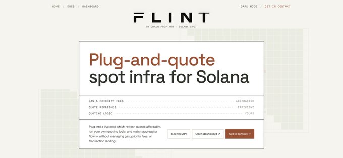 A screenshot of a website for 'FLINT', described as 'On-chain prop AMM | SOLANA SPOT', with the headline 'Plug-and-quote spot infra for Solana'.