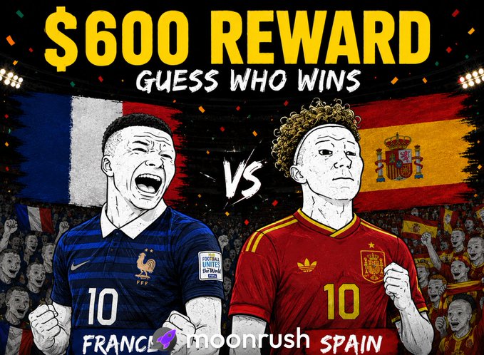 A promotional graphic for a $600 reward contest to guess the winner of a France vs Spain match, featuring illustrated players Mbappé and Lamine Yamal with the Moonrush logo.