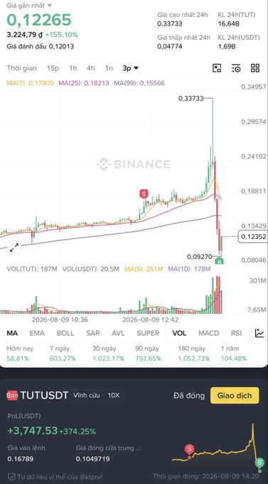 A Binance cryptocurrency chart displaying a trading pair with price data, showing candlesticks and indicators like MA(7), MA(25), and MA(99), with a significant price spike to 0.33733 before dropping.