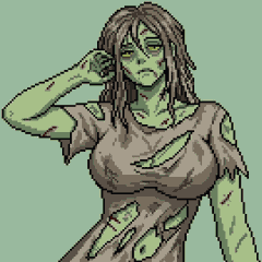 A pixel art illustration of a green-skinned zombie woman in a torn dress holding a phone against a green background.
