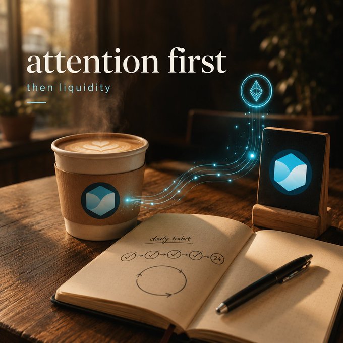 A coffee cup and notebook on a wooden table under the heading 'attention first, then liquidity,' accompanied by floating cryptocurrency logos and a glowing daily habit checklist.