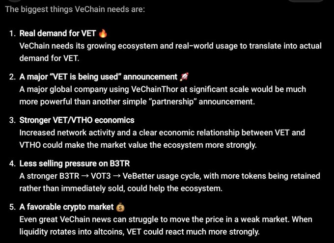 A dark-themed infographic titled 'The biggest things VeChain needs are:' listing five numbered points including '1. Real demand for VET 🔥', '2. A major "VET is being used" announcement 🚀', '3. Stronger VET/VTHO economics', '4. Less selling pressure on B3TR', and '5. A favorable crypto market 💰', with explanations for each.