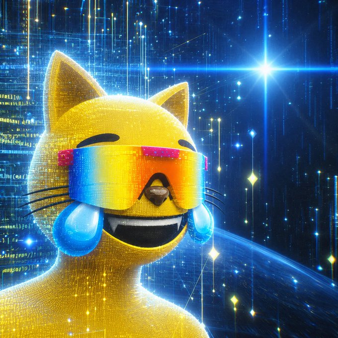 Vibrant digital artwork of a yellow cat emoji wearing rainbow shutter shades and blue headphones, set against a cosmic blue background with code streams.